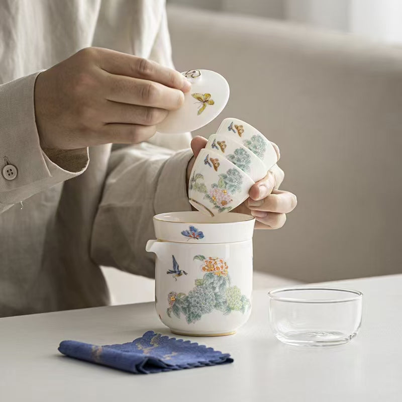 [Tea Utensils] Hydrangea-One Pot Four Cup Travel Tea Set
