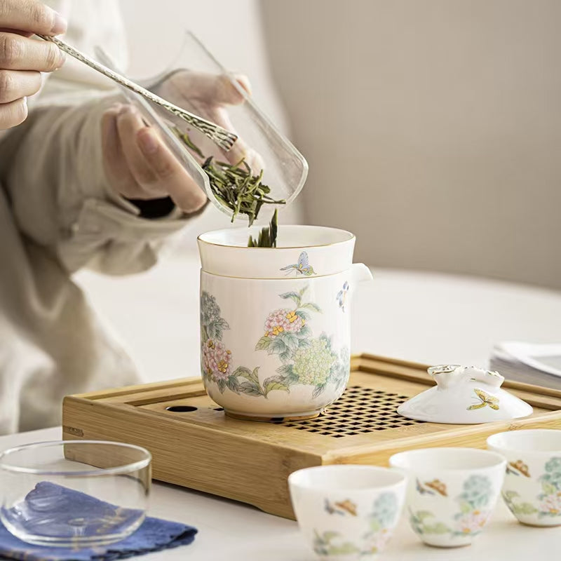 [Tea Utensils] Hydrangea-One Pot Four Cup Travel Tea Set